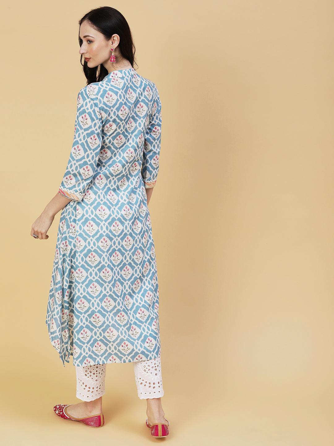 Ethnic Floral Printed Pakistani Style A-Line Kurta with Pant - Blue - Indiakreations