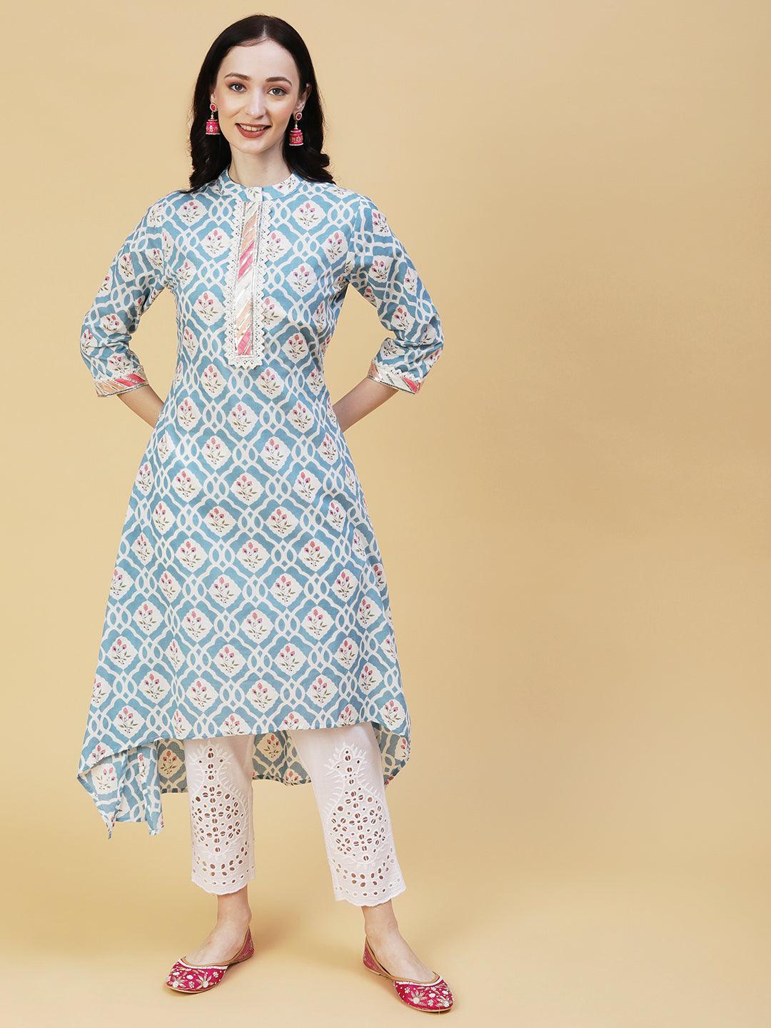 Ethnic Floral Printed Pakistani Style A-Line Kurta with Pant - Blue - Indiakreations