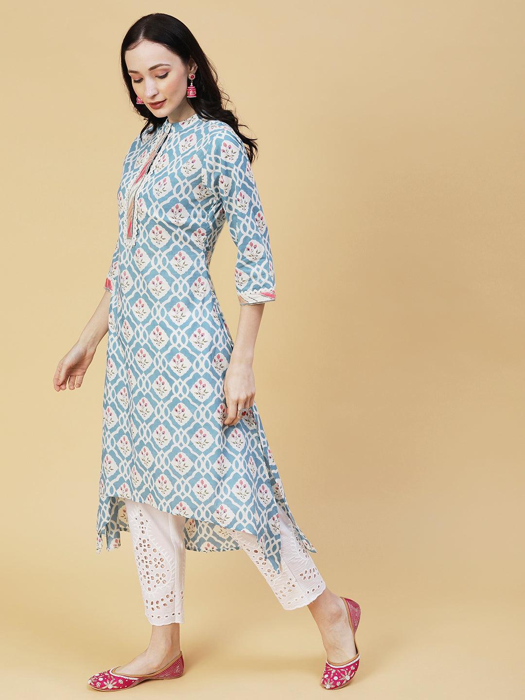 Ethnic Floral Printed Pakistani Style A-Line Kurta with Pant - Blue - Indiakreations