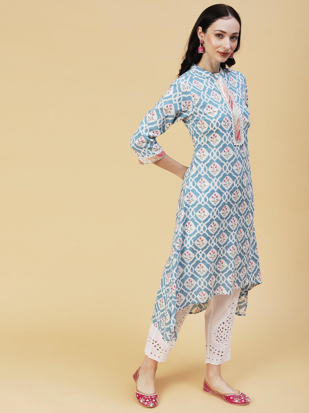 Ethnic Floral Printed Pakistani Style A-Line Kurta with Pant - Blue - Indiakreations