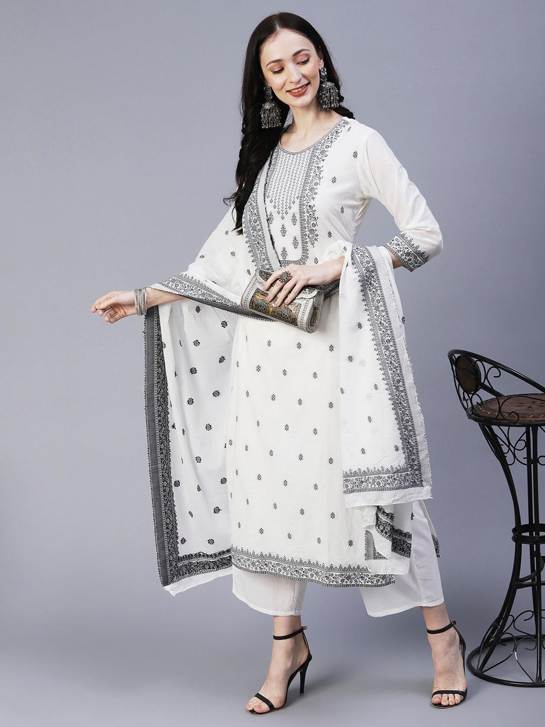 Ethnic Woven Straight Fit Kurta with Palazzo & Dupatta - White - Indiakreations