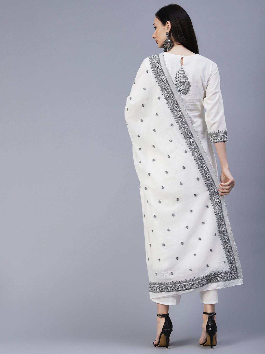 Ethnic Woven Straight Fit Kurta with Palazzo & Dupatta - White - Indiakreations