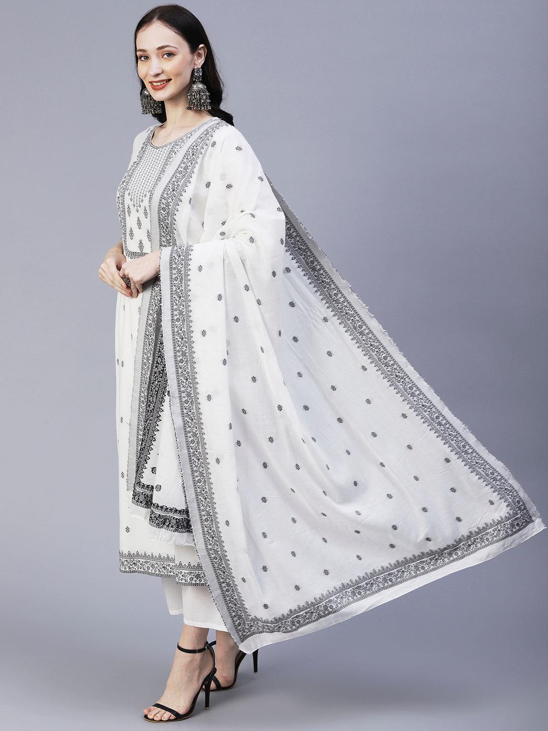 Ethnic Woven Straight Fit Kurta with Palazzo & Dupatta - White - Indiakreations