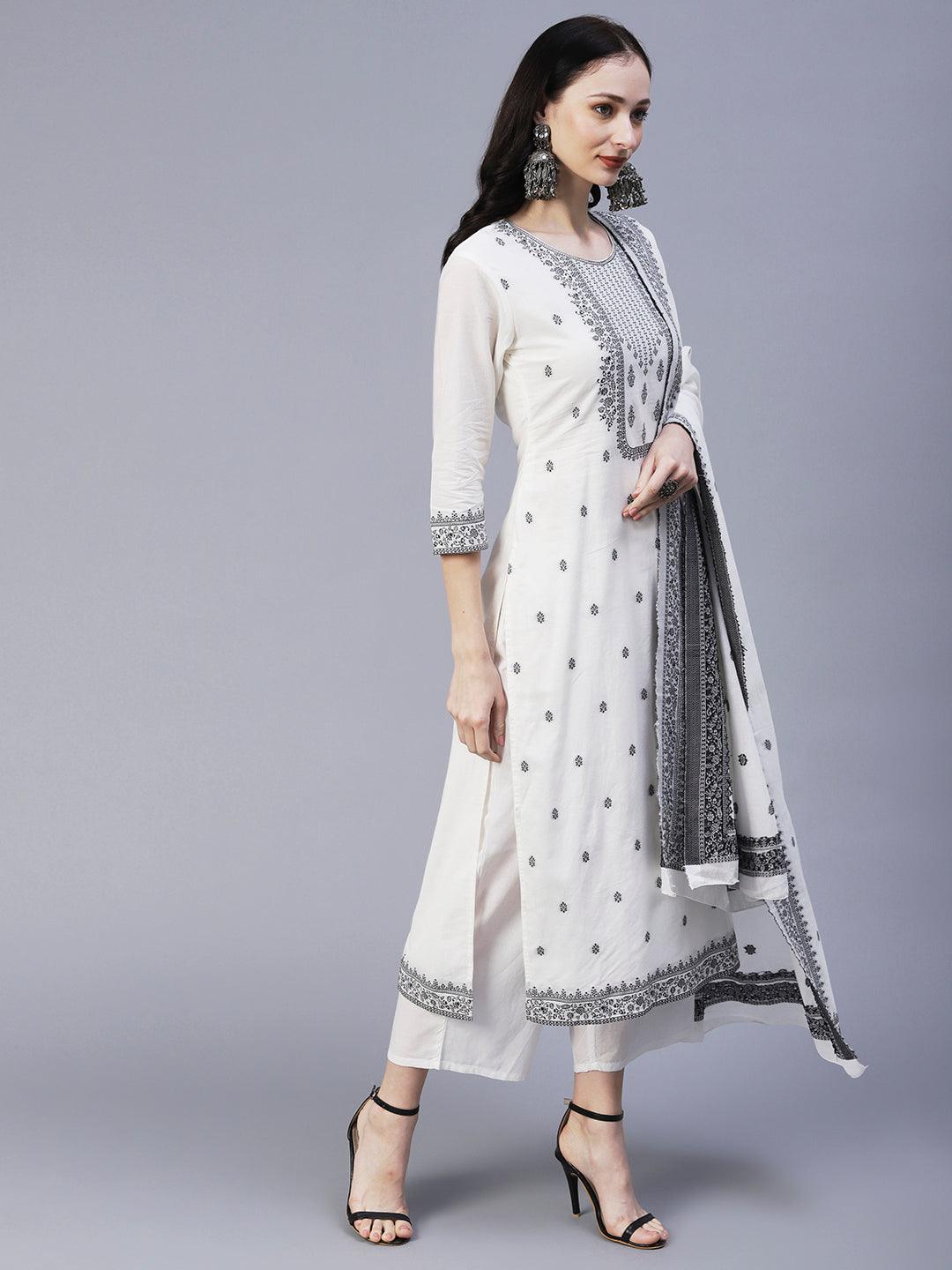 Ethnic Woven Straight Fit Kurta with Palazzo & Dupatta - White - Indiakreations