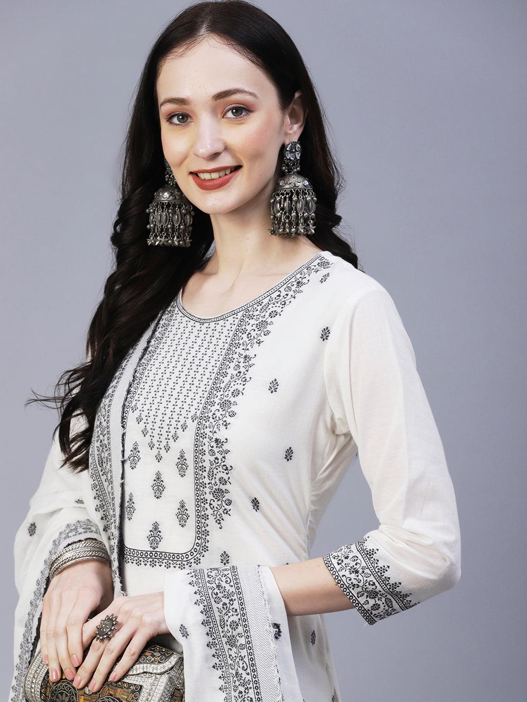 Ethnic Woven Straight Fit Kurta with Palazzo & Dupatta - White - Indiakreations