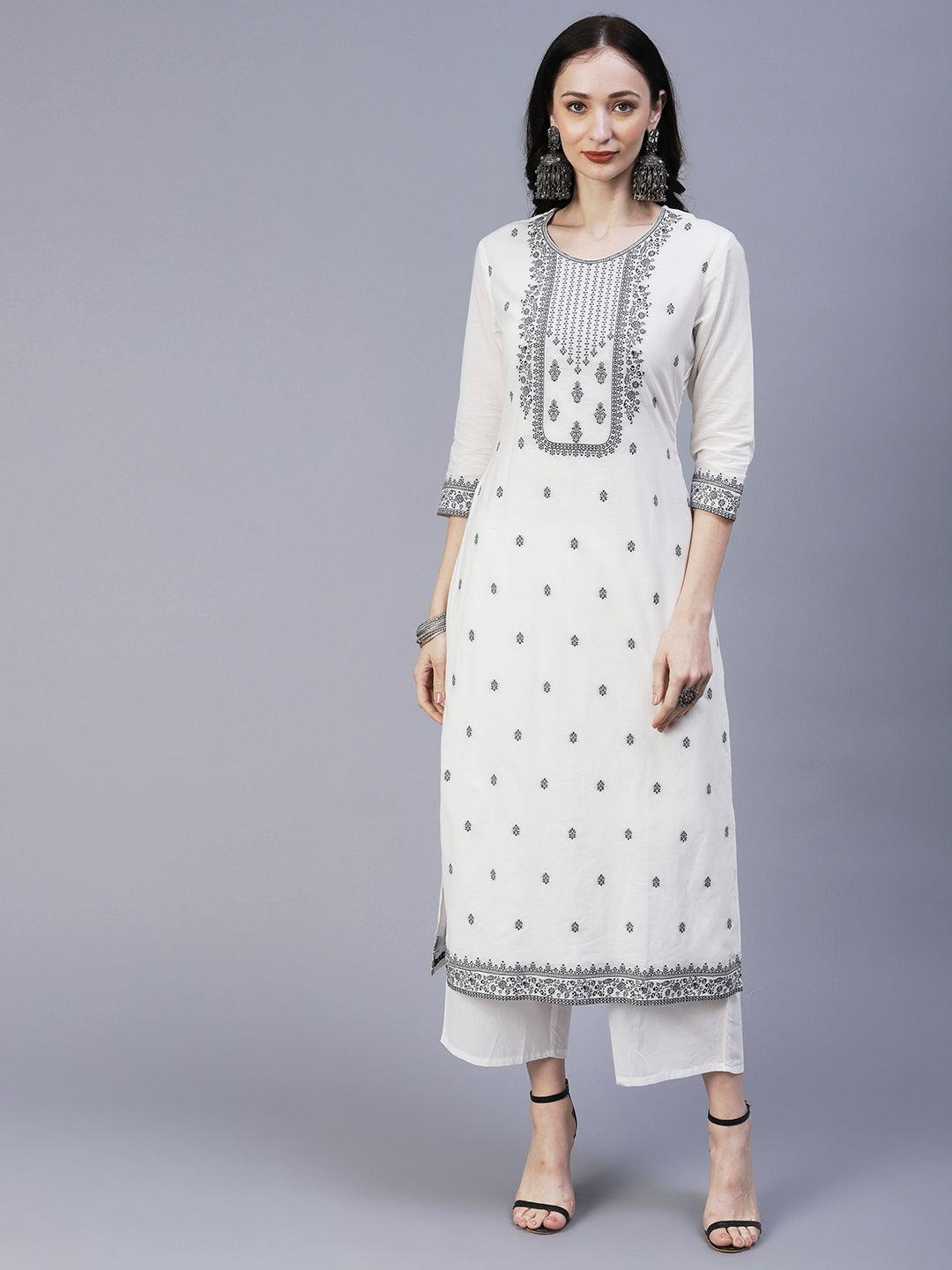 Ethnic Woven Straight Fit Kurta with Palazzo & Dupatta - White - Indiakreations