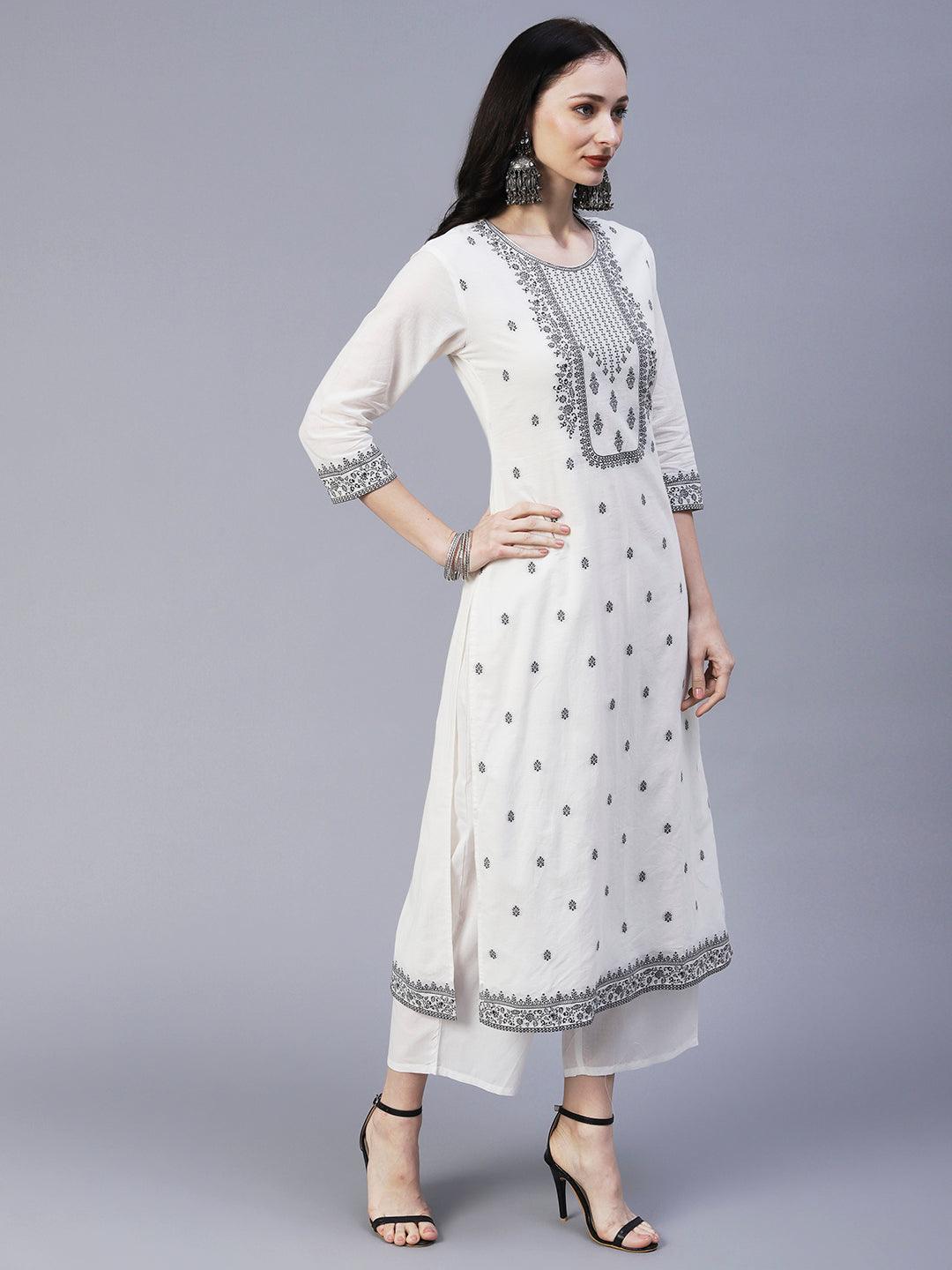 Ethnic Woven Straight Fit Kurta with Palazzo & Dupatta - White - Indiakreations