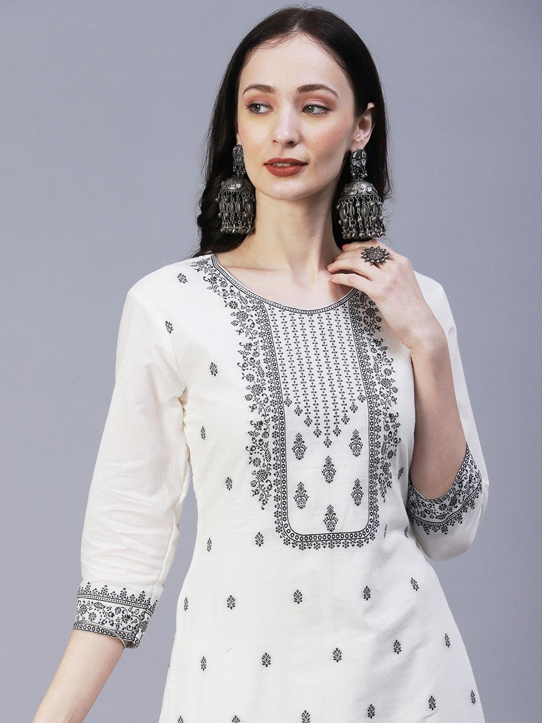 Ethnic Woven Straight Fit Kurta with Palazzo & Dupatta - White - Indiakreations