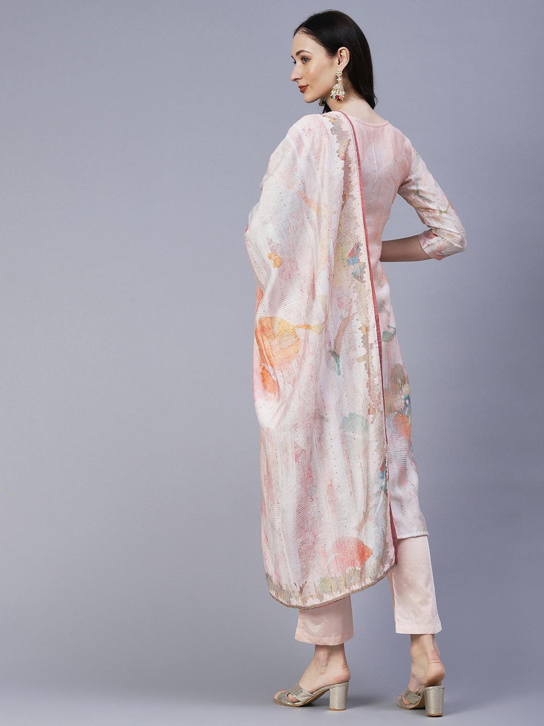 Floral Printed Mirror & Sequins Embroidered Kurta With Pants & Dupatta - Peach - Indiakreations