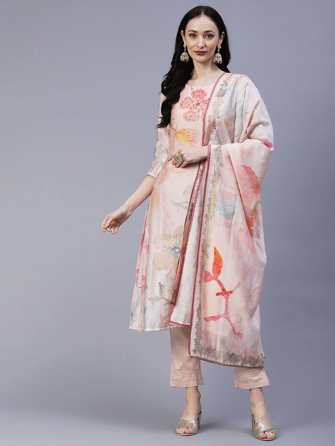 Floral Printed Mirror & Sequins Embroidered Kurta With Pants & Dupatta - Peach - Indiakreations