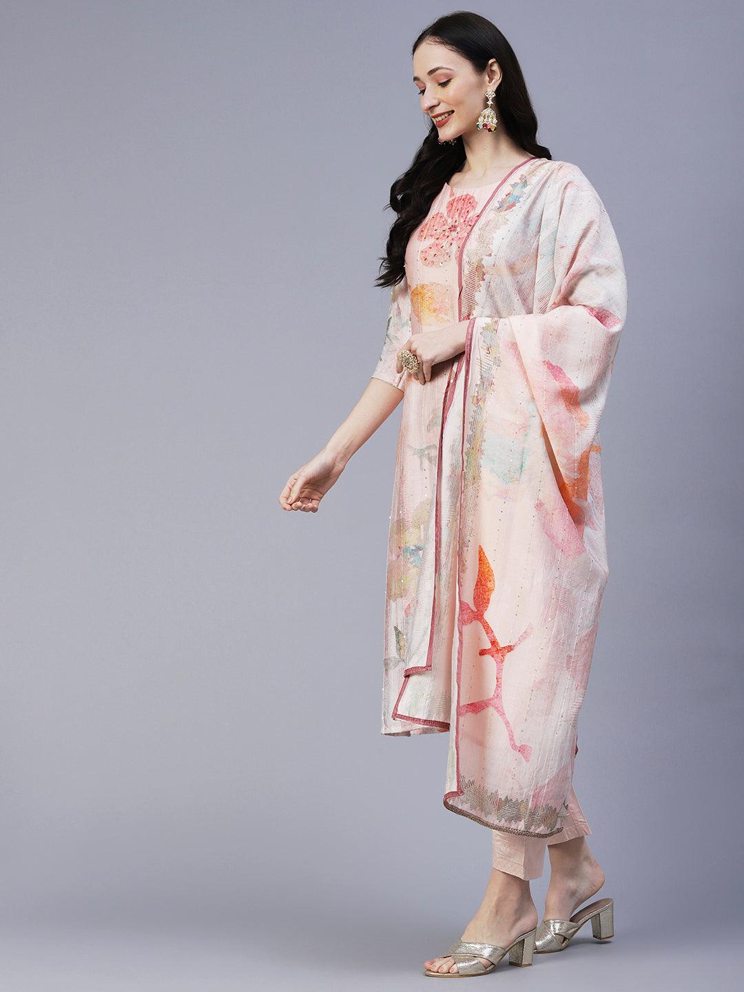 Floral Printed Mirror & Sequins Embroidered Kurta With Pants & Dupatta - Peach - Indiakreations