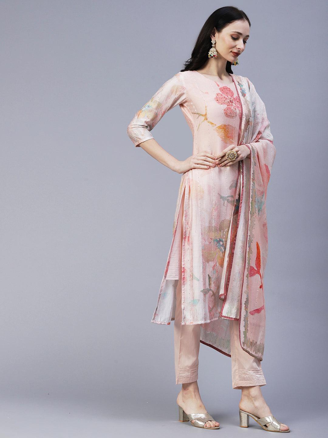 Floral Printed Mirror & Sequins Embroidered Kurta With Pants & Dupatta - Peach - Indiakreations