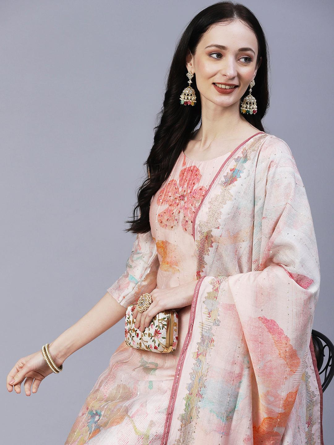 Floral Printed Mirror & Sequins Embroidered Kurta With Pants & Dupatta - Peach - Indiakreations