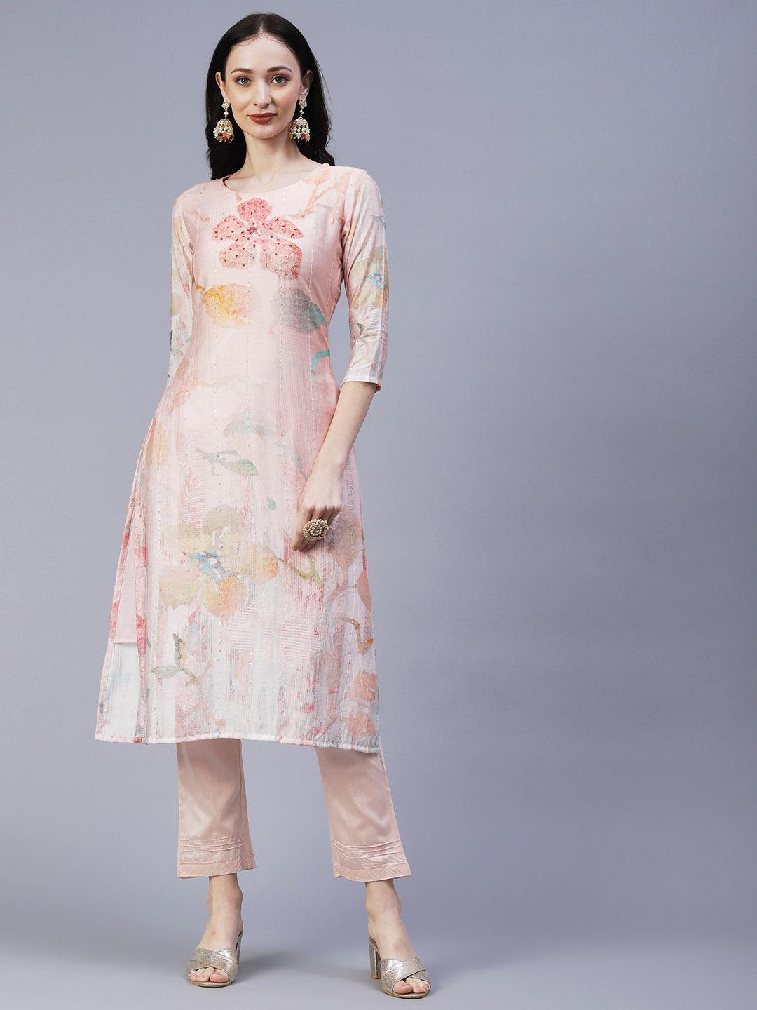 Floral Printed Mirror & Sequins Embroidered Kurta With Pants & Dupatta - Peach - Indiakreations