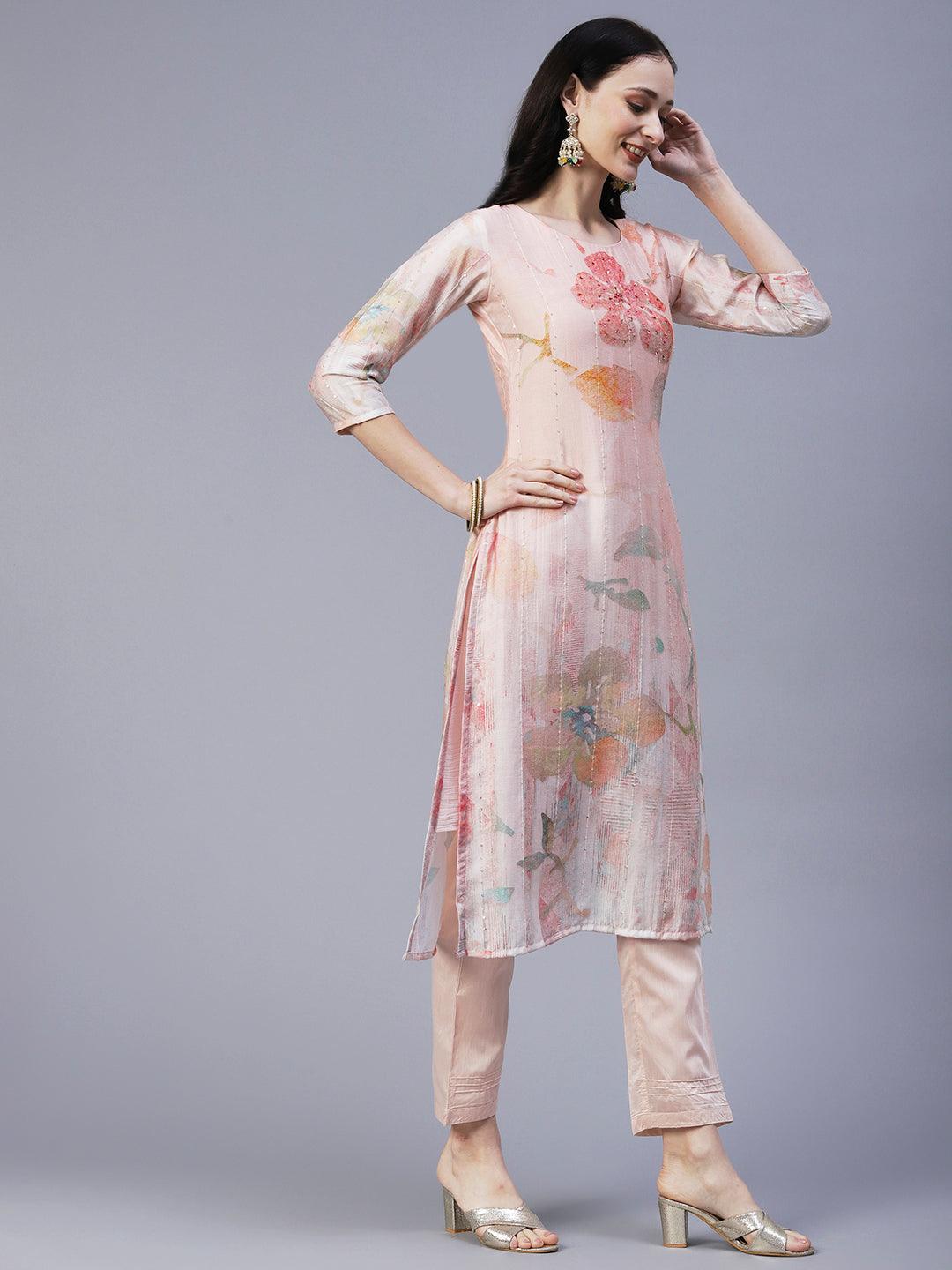 Floral Printed Mirror & Sequins Embroidered Kurta With Pants & Dupatta - Peach - Indiakreations