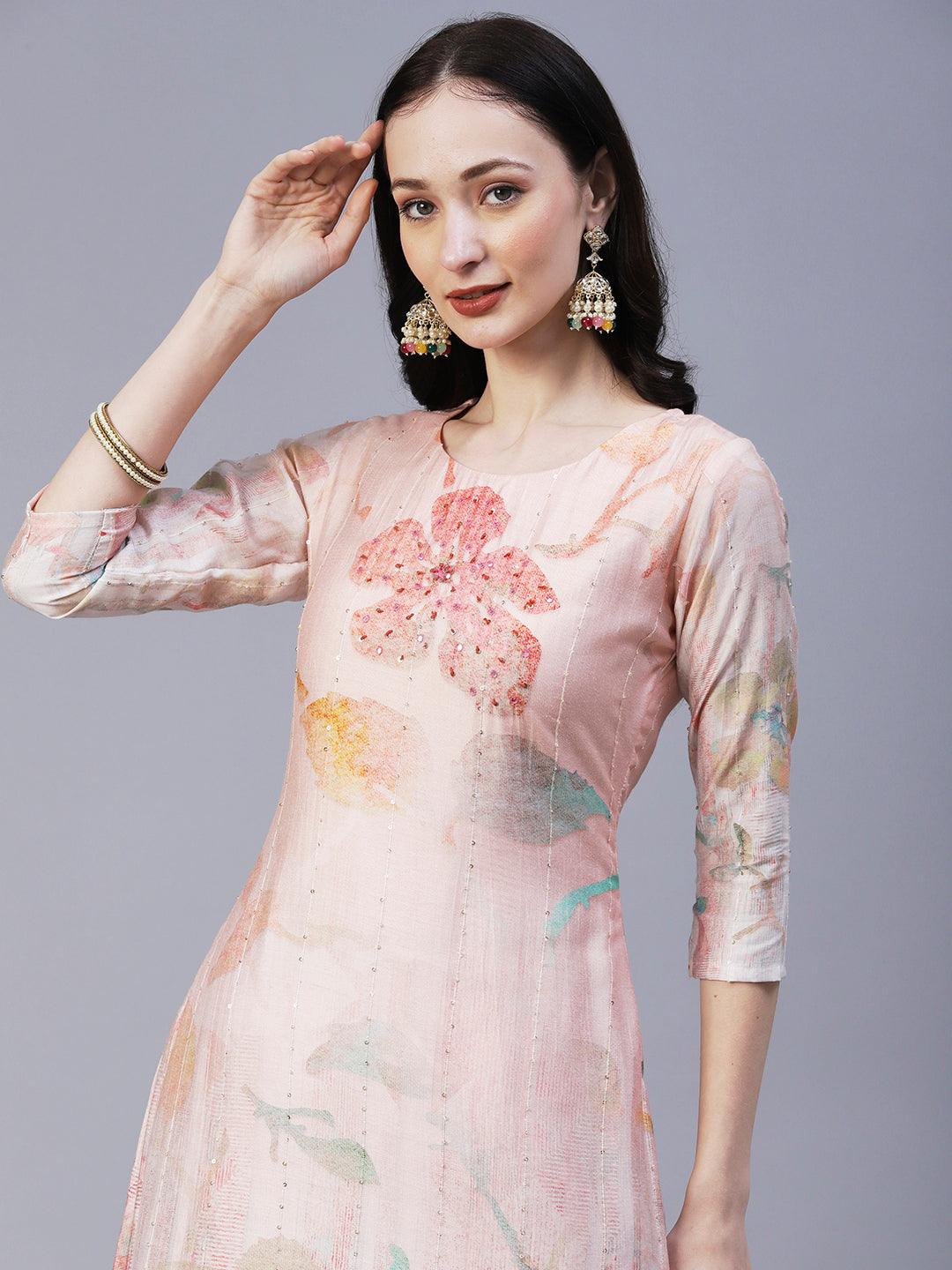 Floral Printed Mirror & Sequins Embroidered Kurta With Pants & Dupatta - Peach - Indiakreations