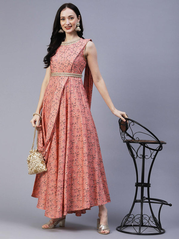 Ethnic Floral Foil Printed Fit & Flare Maxi Dress with Braided Belt - Peach - Indiakreations