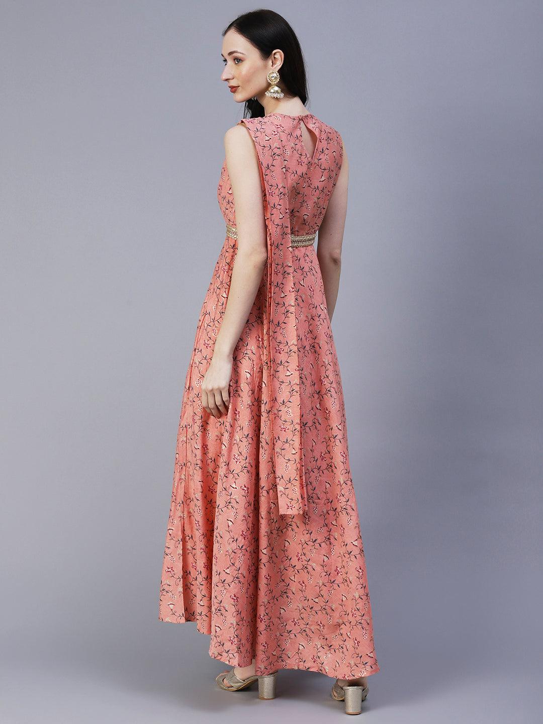 Ethnic Floral Foil Printed Fit & Flare Maxi Dress with Braided Belt - Peach - Indiakreations