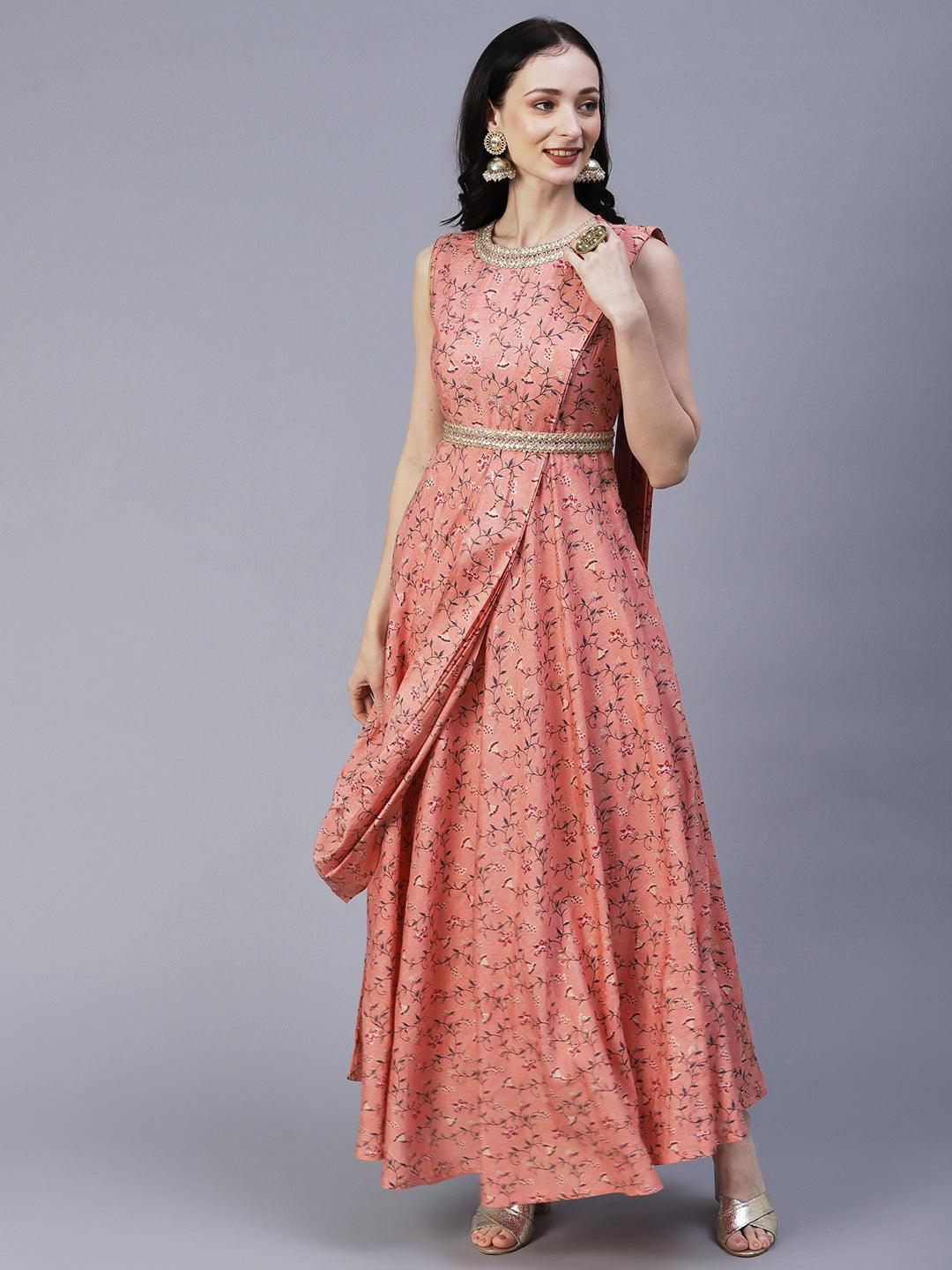 Ethnic Floral Foil Printed Fit & Flare Maxi Dress with Braided Belt - Peach - Indiakreations