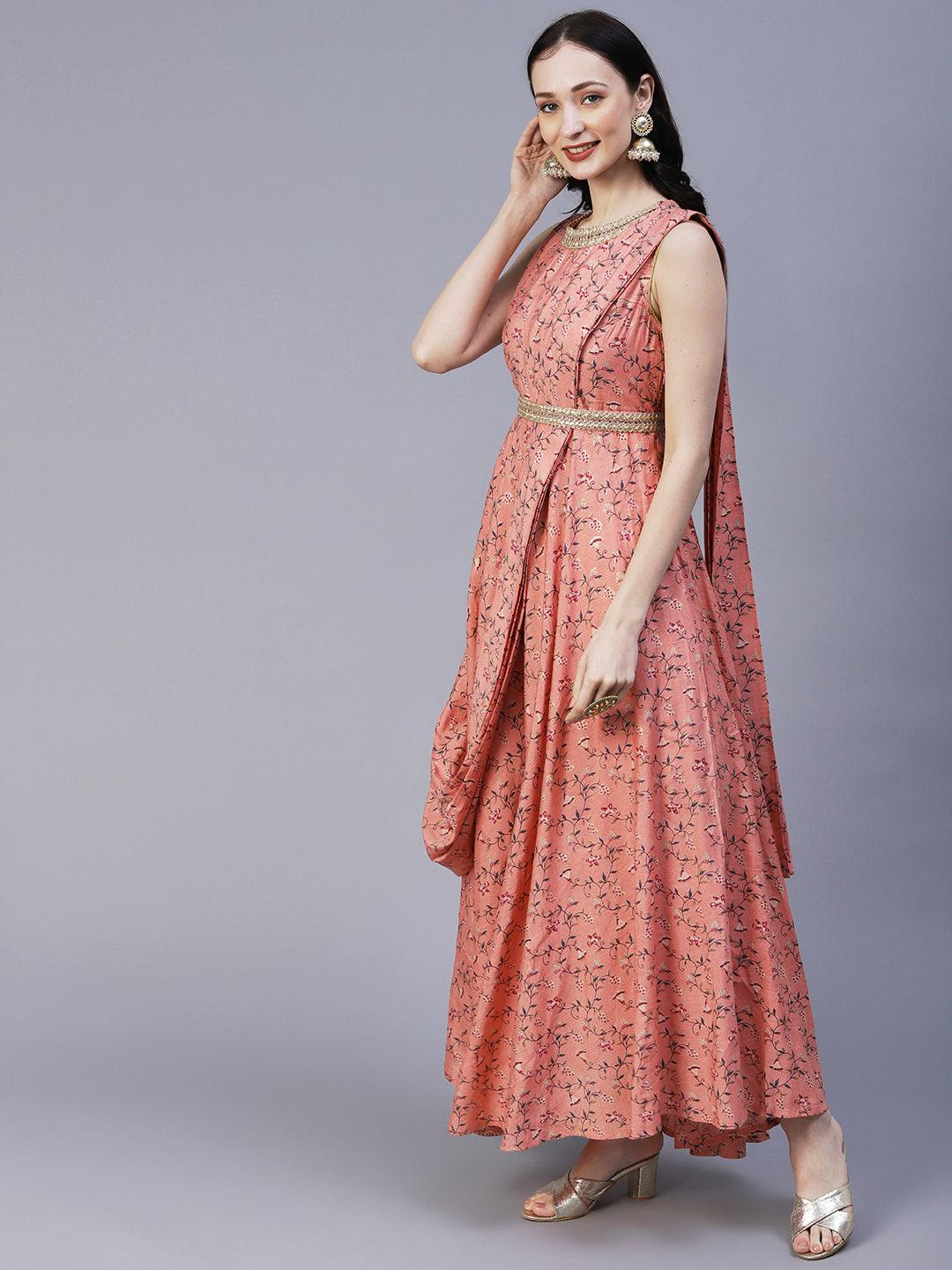 Ethnic Floral Foil Printed Fit & Flare Maxi Dress with Braided Belt - Peach - Indiakreations