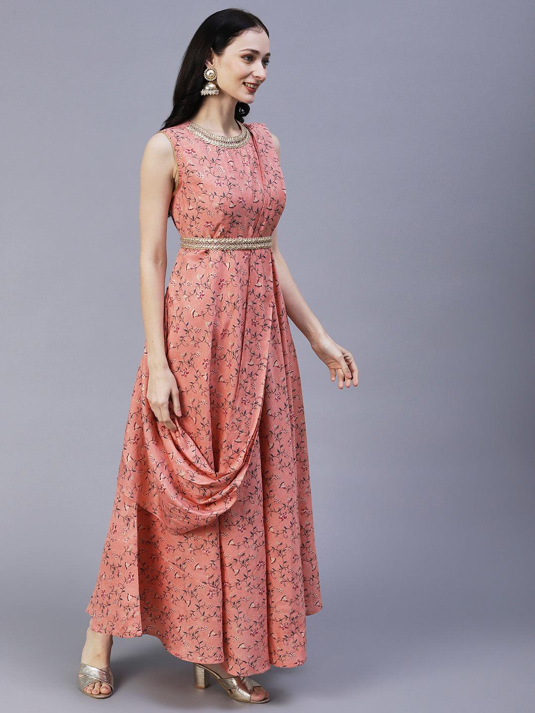 Ethnic Floral Foil Printed Fit & Flare Maxi Dress with Braided Belt - Peach - Indiakreations