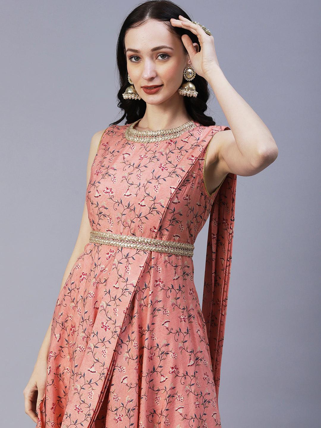 Ethnic Floral Foil Printed Fit & Flare Maxi Dress with Braided Belt - Peach - Indiakreations