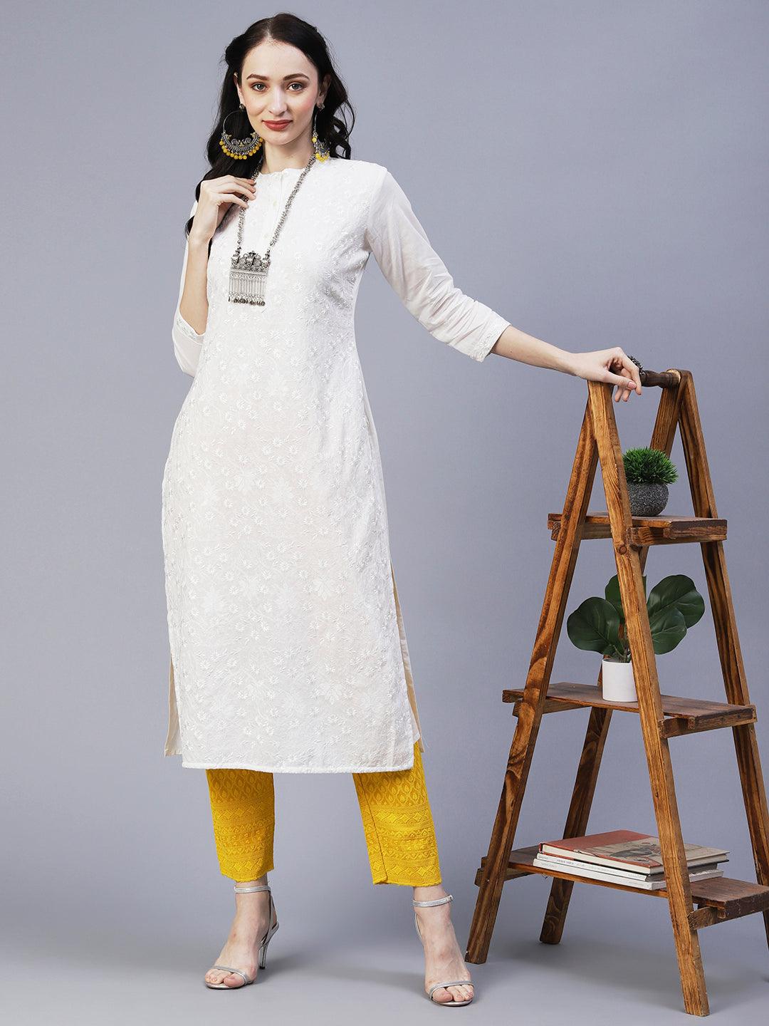 Solid Resham & Sequins Tone-on-Tone Embroidered Kurta - White - Indiakreations