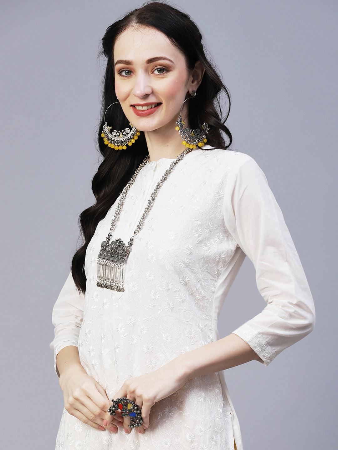 Solid Resham & Sequins Tone-on-Tone Embroidered Kurta - White - Indiakreations