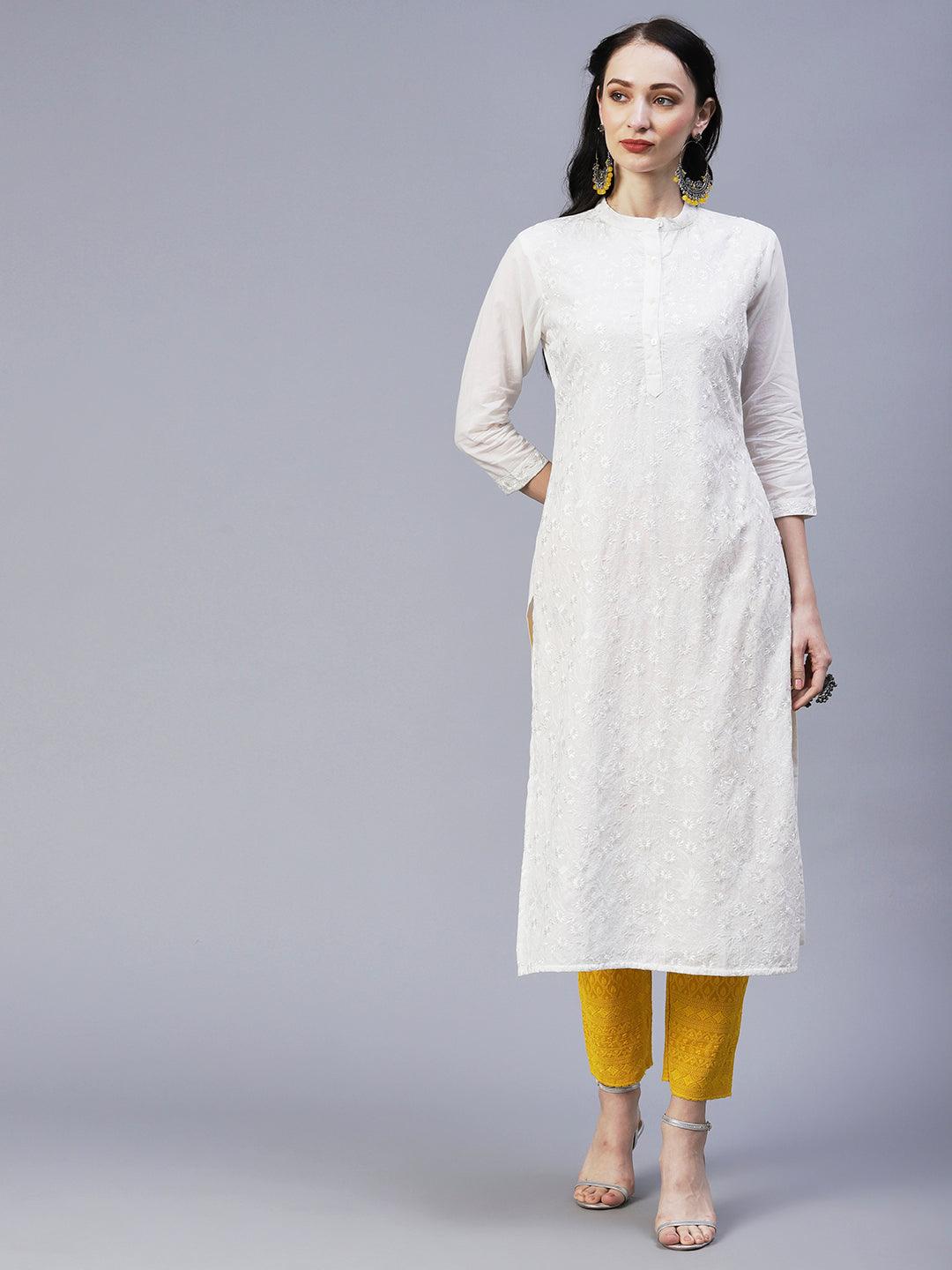 Solid Resham & Sequins Tone-on-Tone Embroidered Kurta - White - Indiakreations