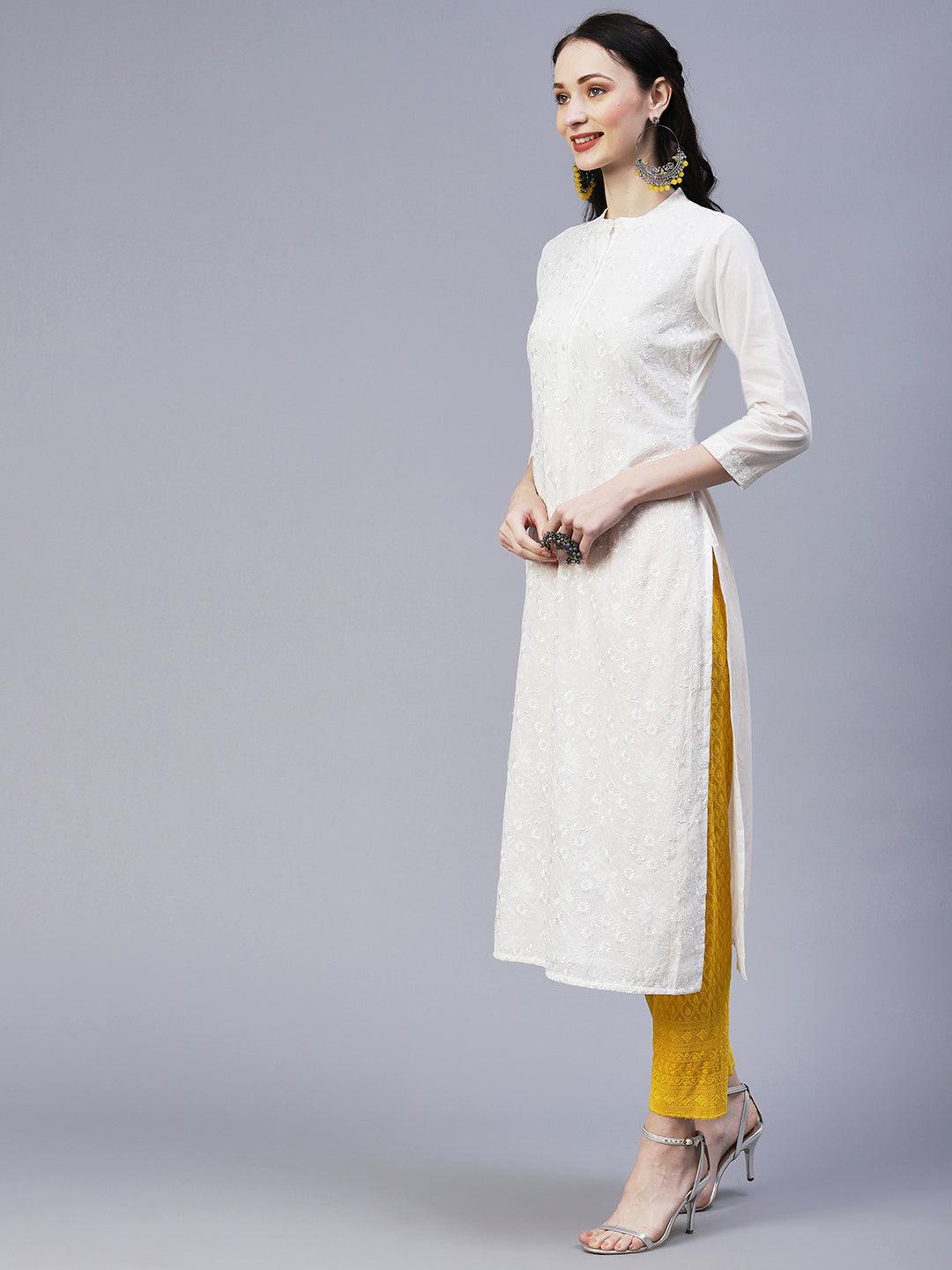 Solid Resham & Sequins Tone-on-Tone Embroidered Kurta - White - Indiakreations