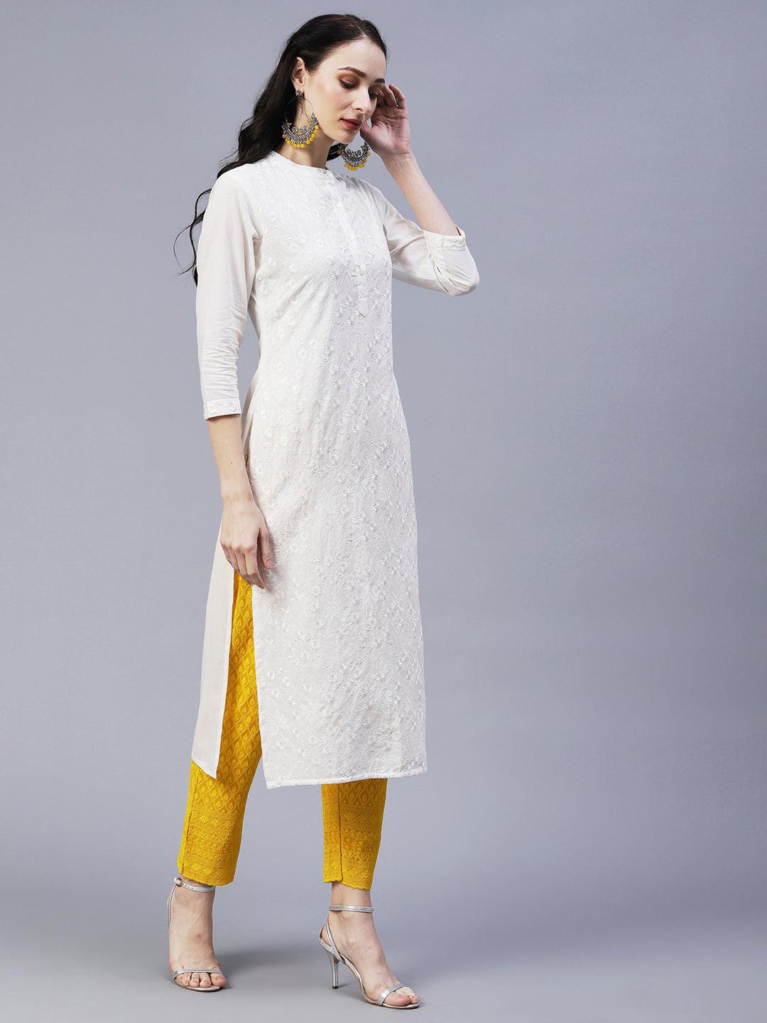 Solid Resham & Sequins Tone-on-Tone Embroidered Kurta - White - Indiakreations