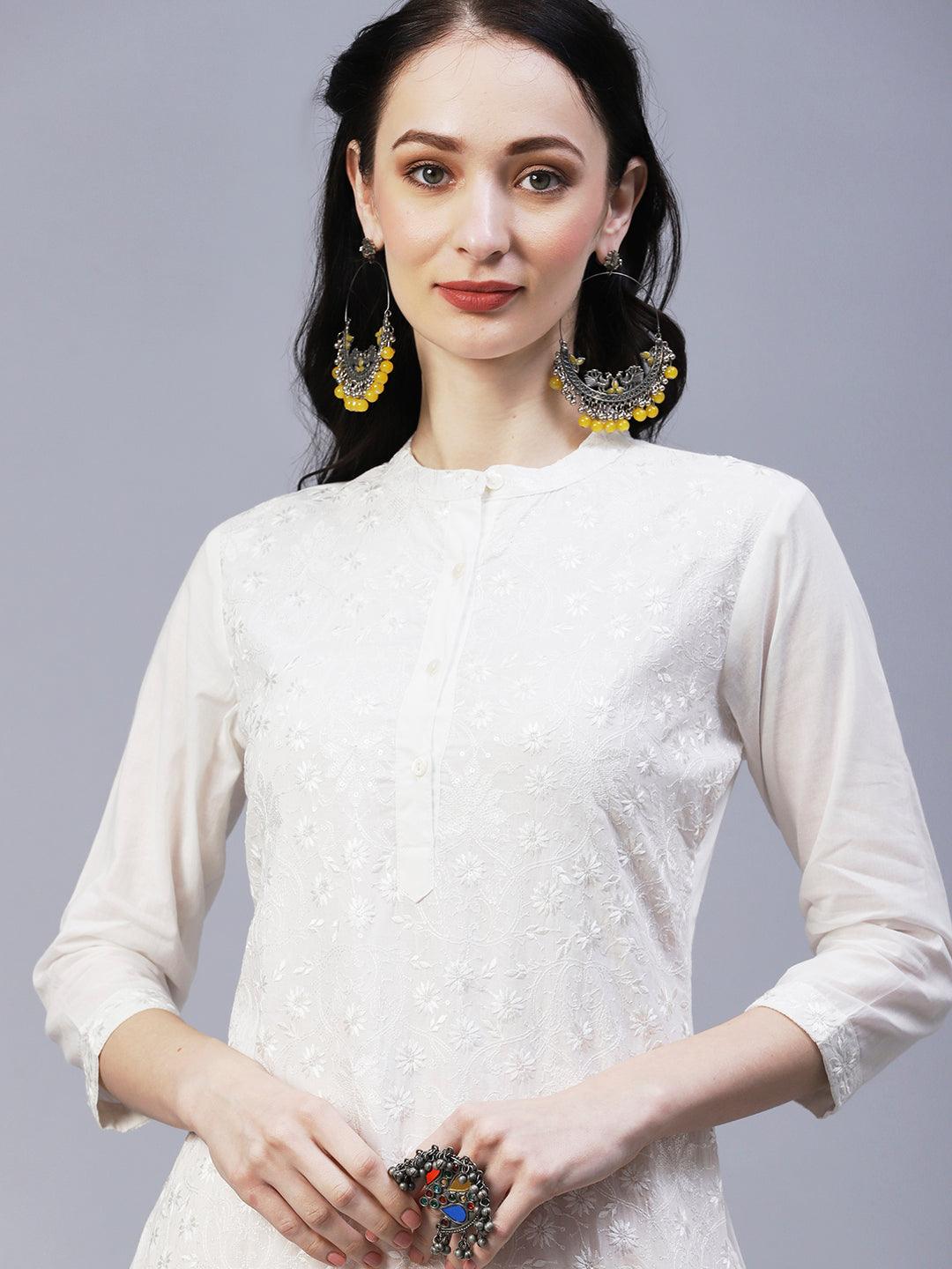 Solid Resham & Sequins Tone-on-Tone Embroidered Kurta - White - Indiakreations