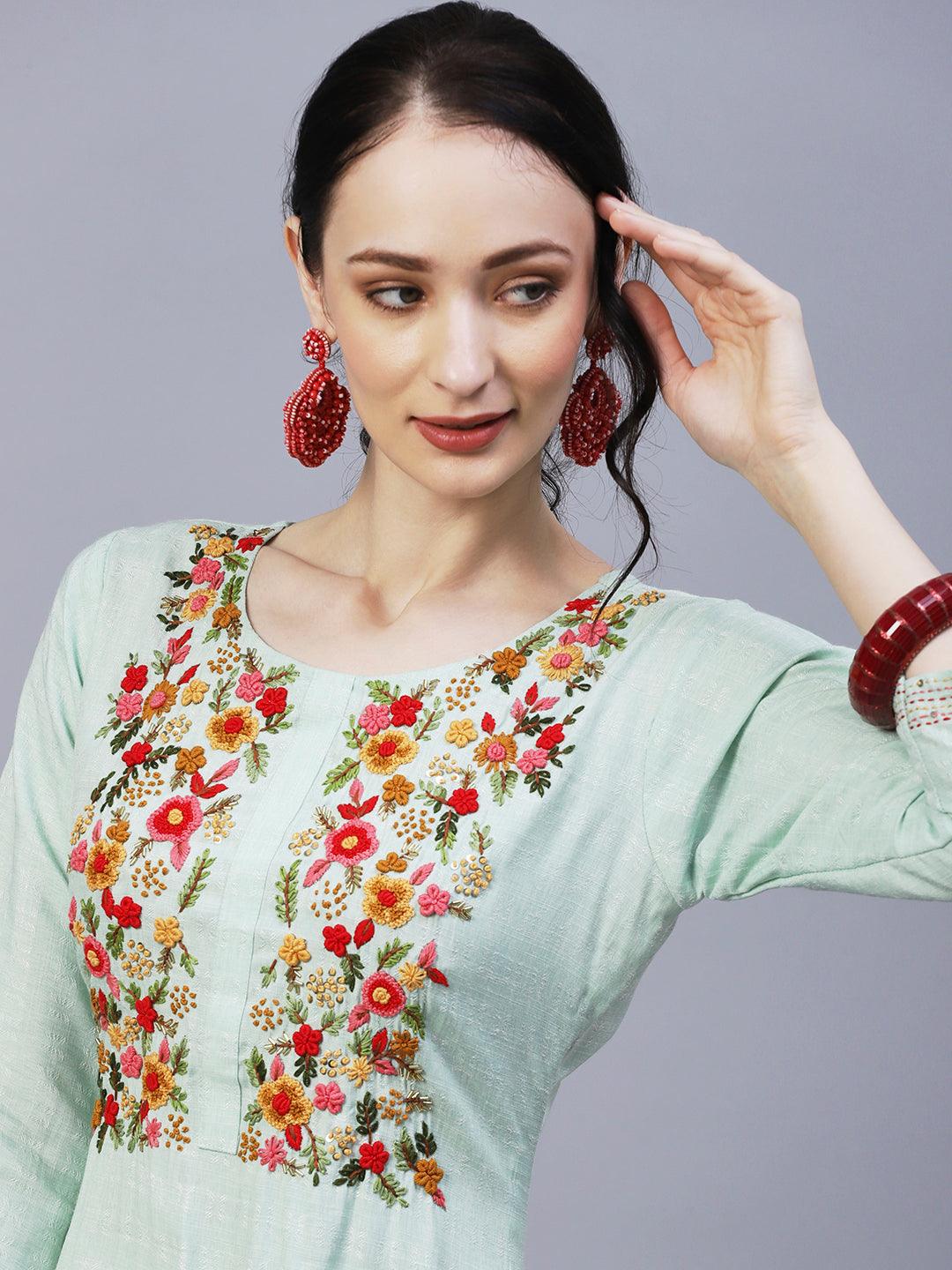 Woven Geometric Design Resham & Sequins Embroidered Kurta - Green - Indiakreations