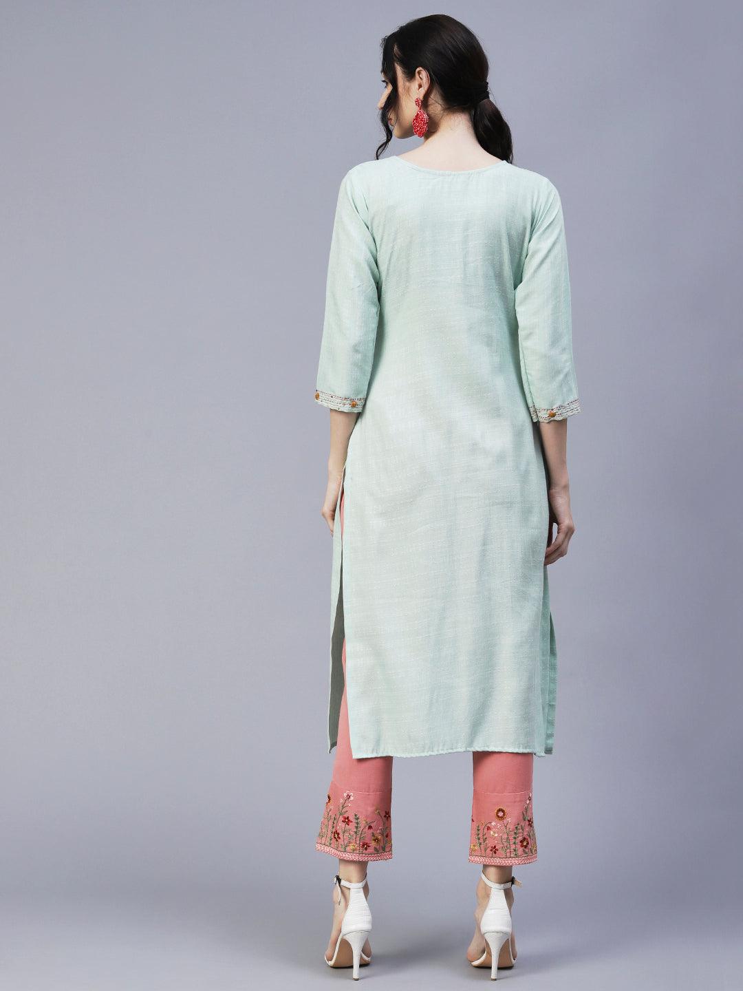 Woven Geometric Design Resham & Sequins Embroidered Kurta - Green - Indiakreations