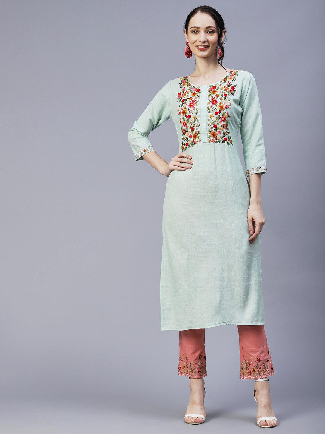 Woven Geometric Design Resham & Sequins Embroidered Kurta - Green - Indiakreations