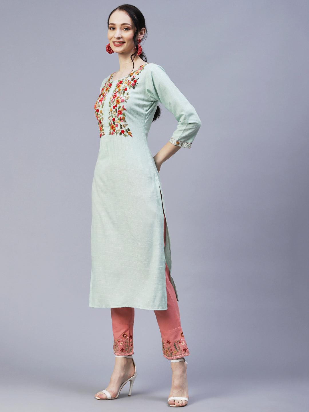 Woven Geometric Design Resham & Sequins Embroidered Kurta - Green - Indiakreations