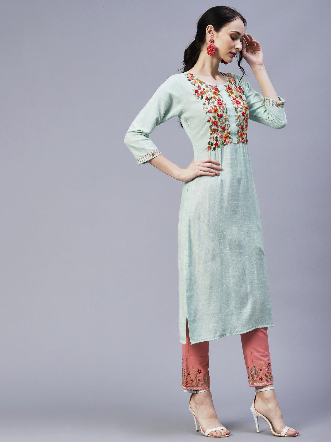 Woven Geometric Design Resham & Sequins Embroidered Kurta - Green - Indiakreations