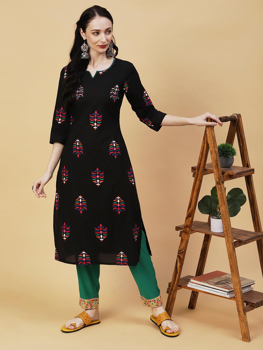 Abstract Printed Sequins & Beads Embroidered Kurta - Black - Indiakreations