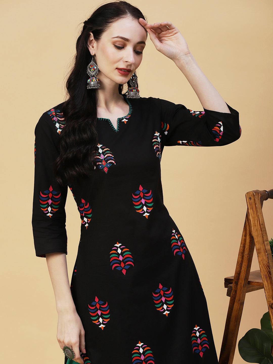 Abstract Printed Sequins & Beads Embroidered Kurta - Black - Indiakreations