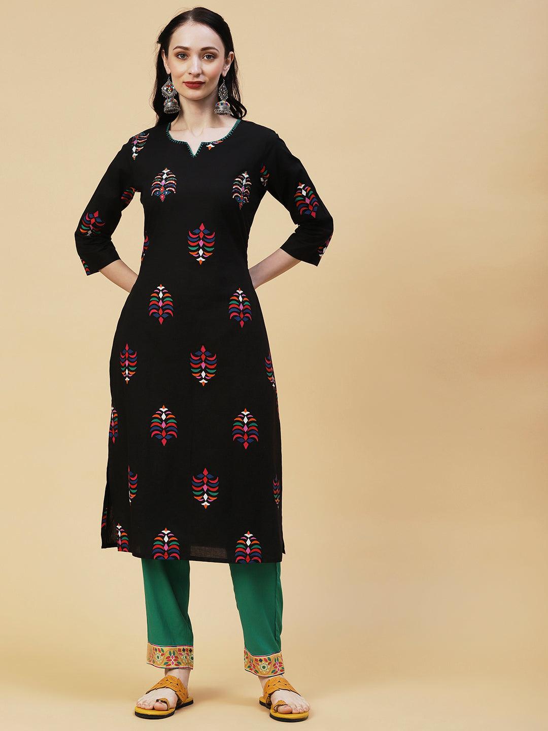 Abstract Printed Sequins & Beads Embroidered Kurta - Black - Indiakreations