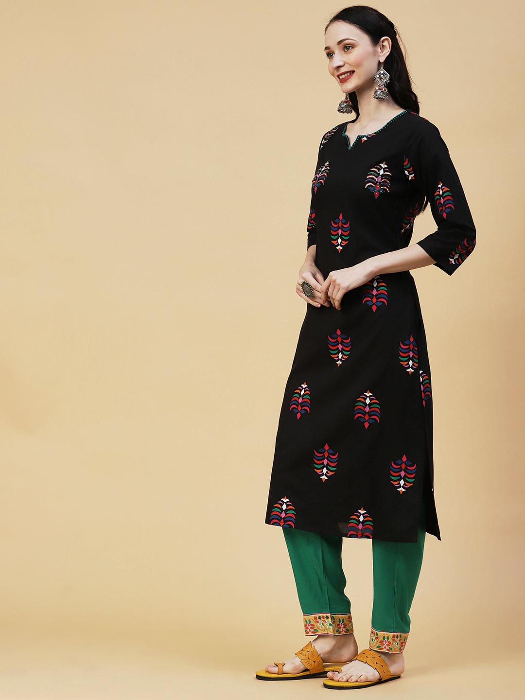 Abstract Printed Sequins & Beads Embroidered Kurta - Black - Indiakreations