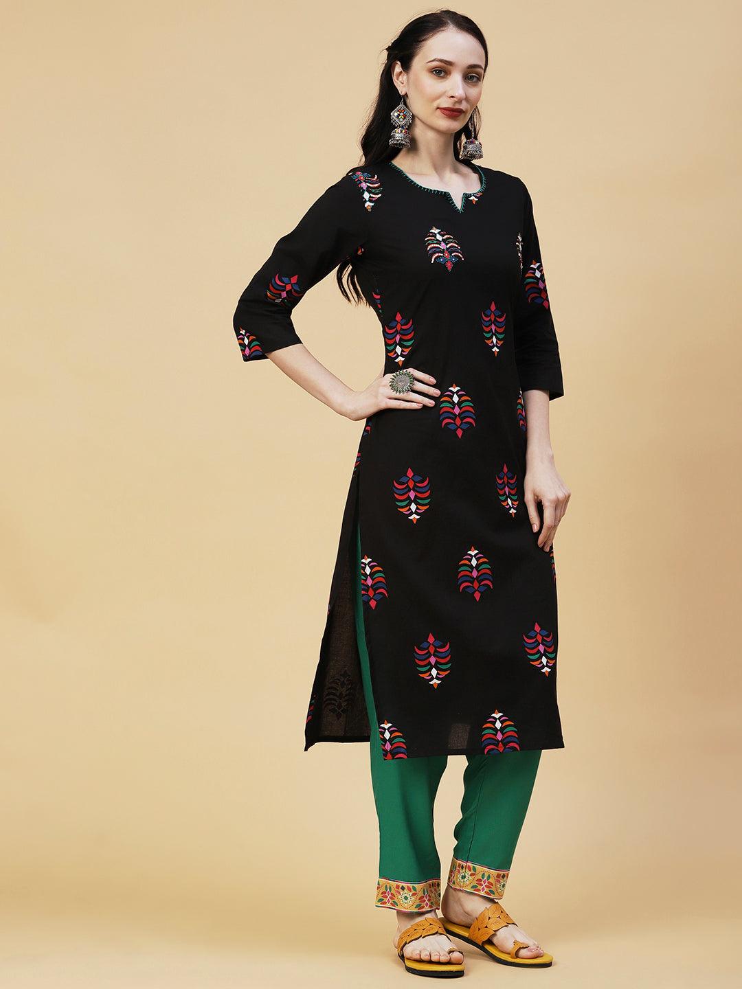 Abstract Printed Sequins & Beads Embroidered Kurta - Black - Indiakreations