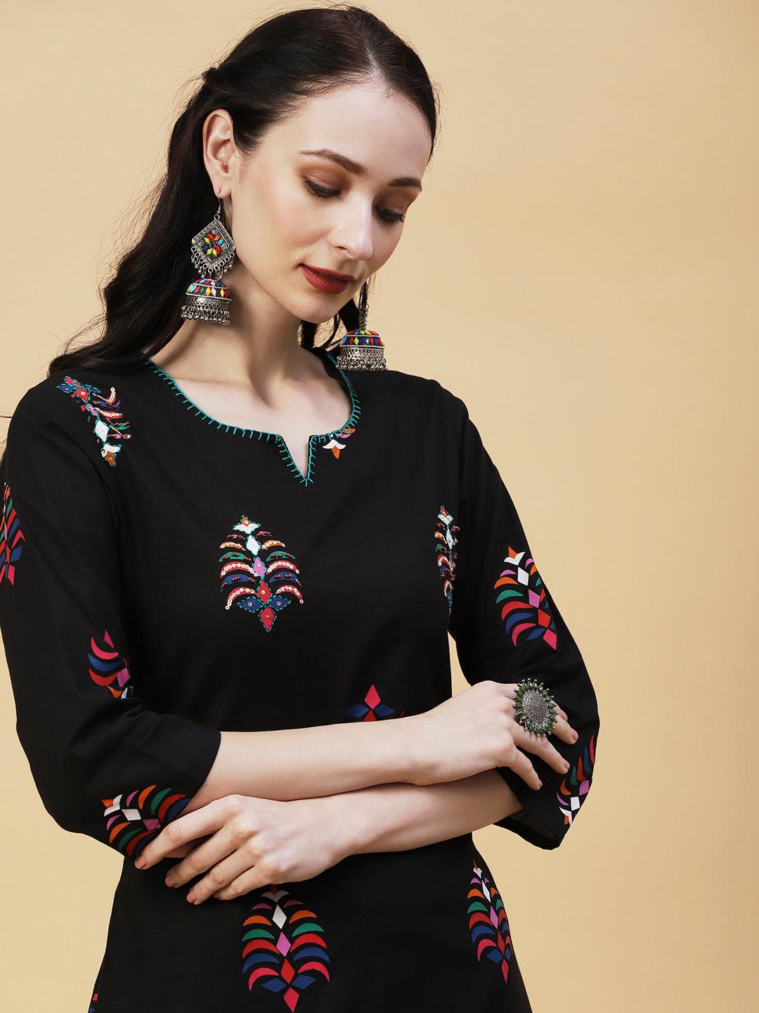 Abstract Printed Sequins & Beads Embroidered Kurta - Black - Indiakreations