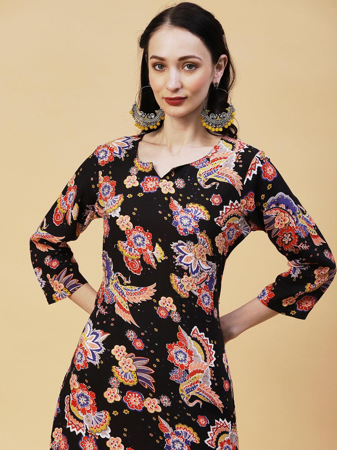 Floral Printed Sequins & Beads Ornamented Kurta - Black - Indiakreations