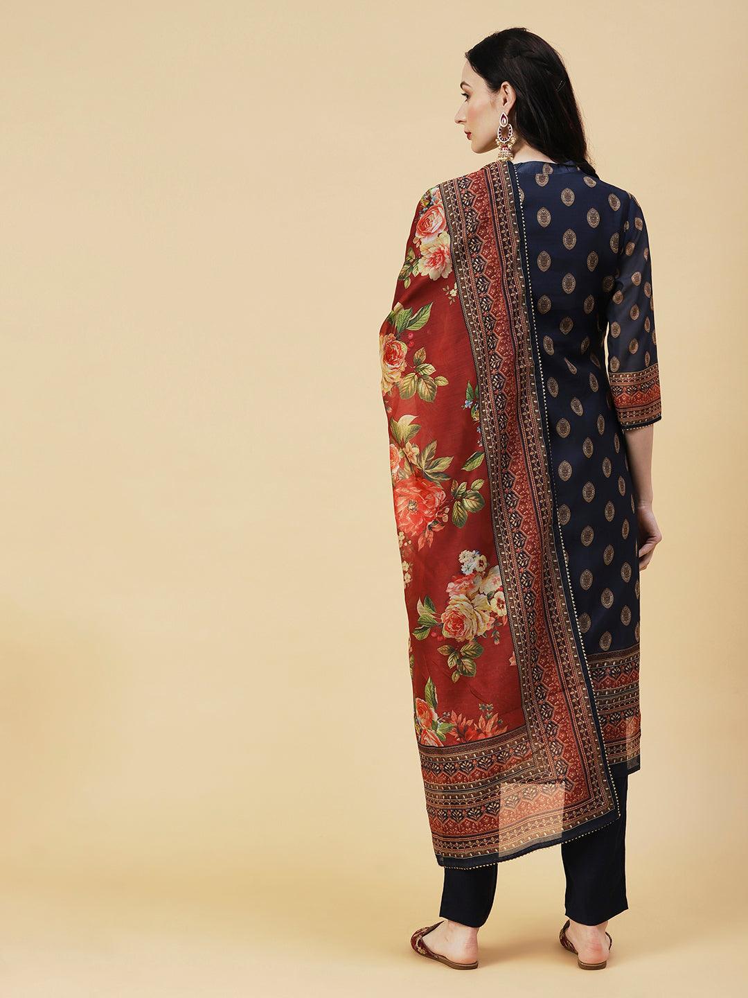 Ethnic Printed & Hand Embroidered Kurta with Pant & Dupatta - Navy Blue - Indiakreations