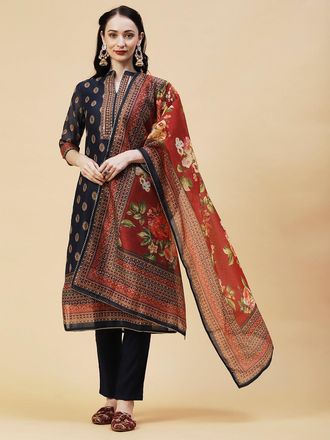 Ethnic Printed & Hand Embroidered Kurta with Pant & Dupatta - Navy Blue - Indiakreations