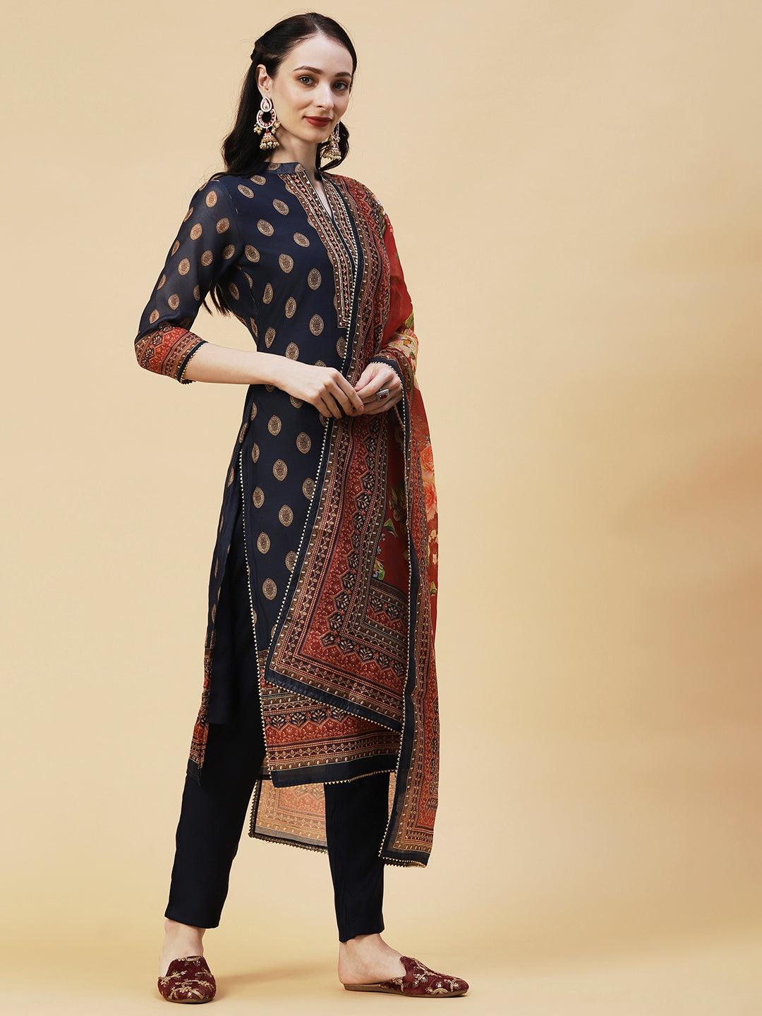 Ethnic Printed & Hand Embroidered Kurta with Pant & Dupatta - Navy Blue - Indiakreations