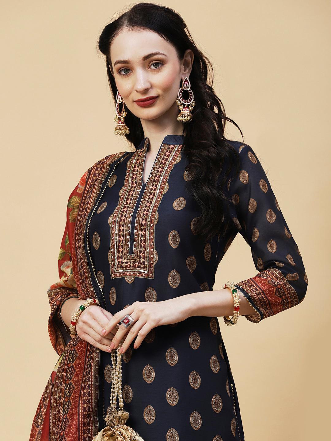 Ethnic Printed & Hand Embroidered Kurta with Pant & Dupatta - Navy Blue - Indiakreations