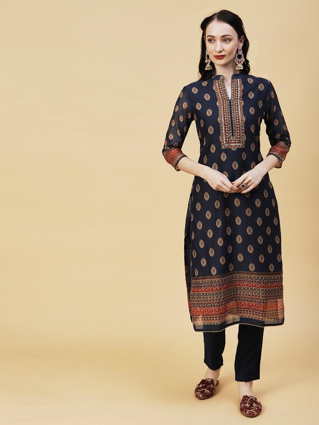 Ethnic Printed & Hand Embroidered Kurta with Pant & Dupatta - Navy Blue - Indiakreations