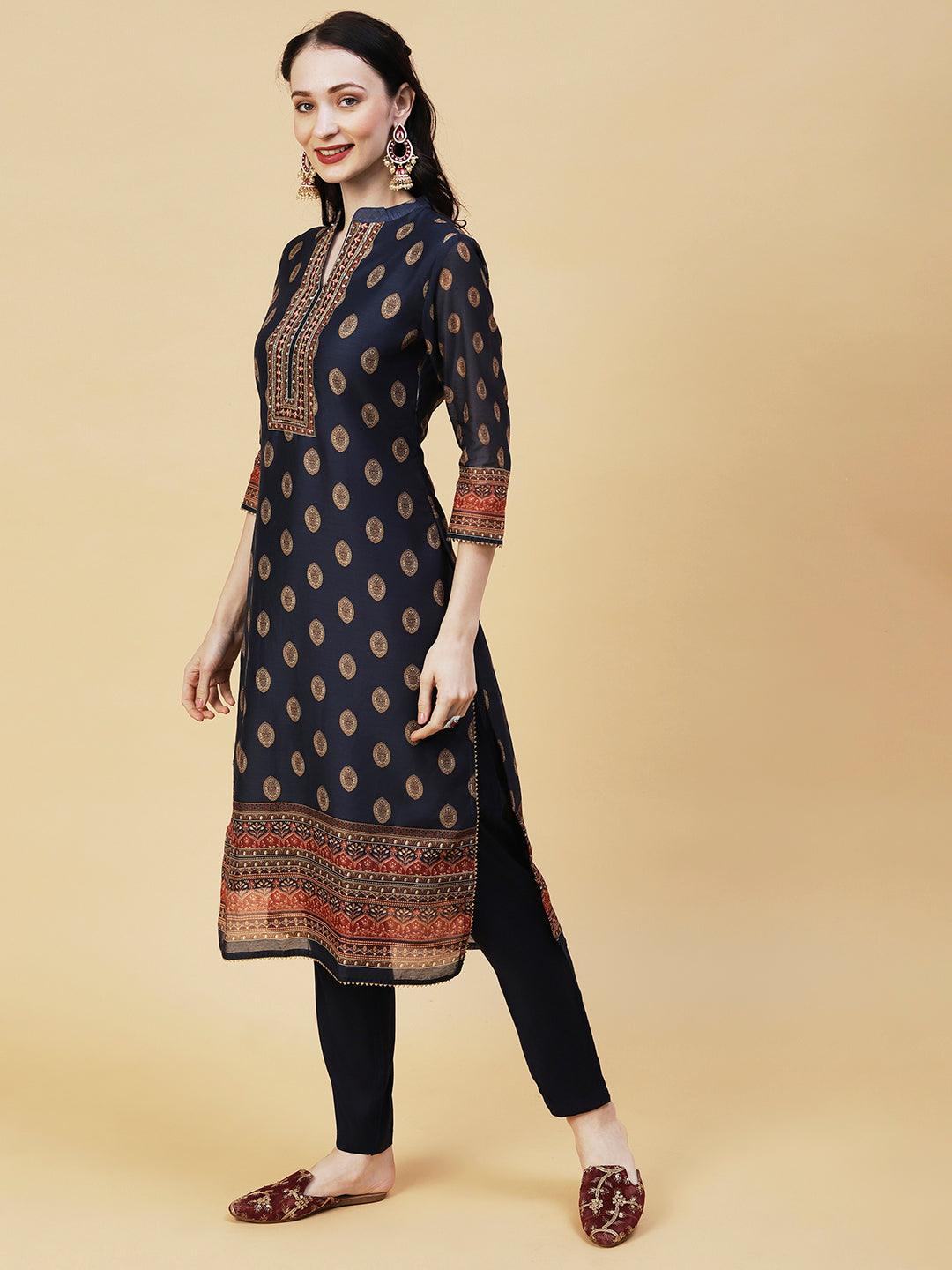 Ethnic Printed & Hand Embroidered Kurta with Pant & Dupatta - Navy Blue - Indiakreations